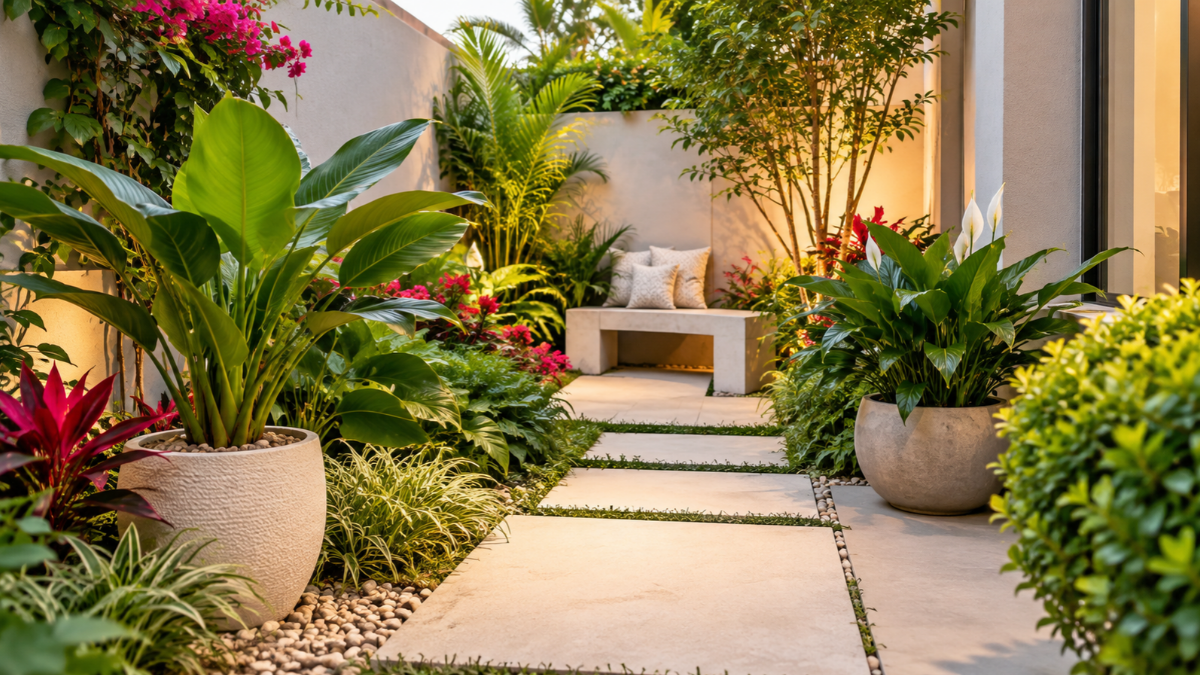 Jardim pequeno planejado com plantas tropicais, caminho de pedras e vasos em área residencial