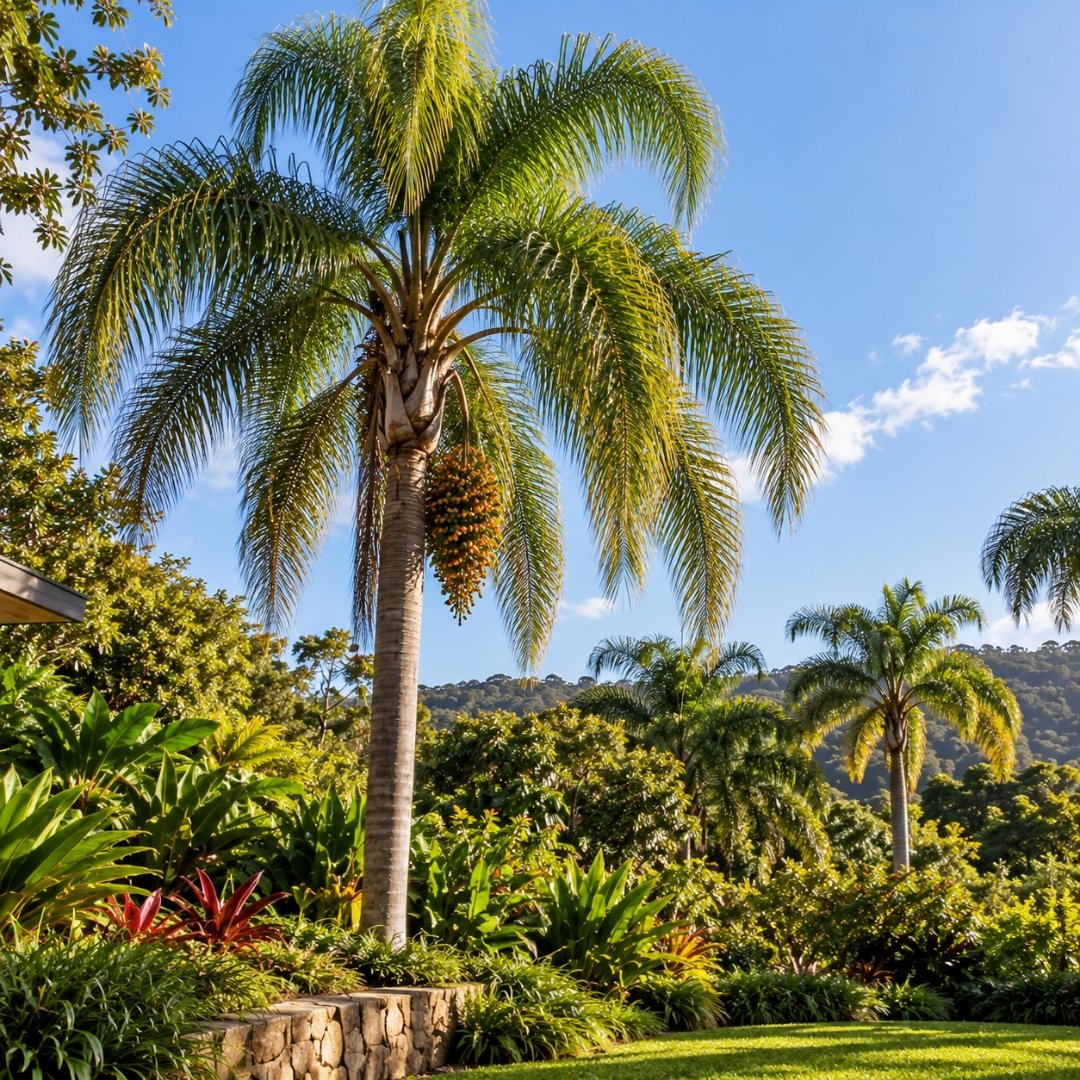 Jerivá com copa arqueada e frutos em jardim naturalista