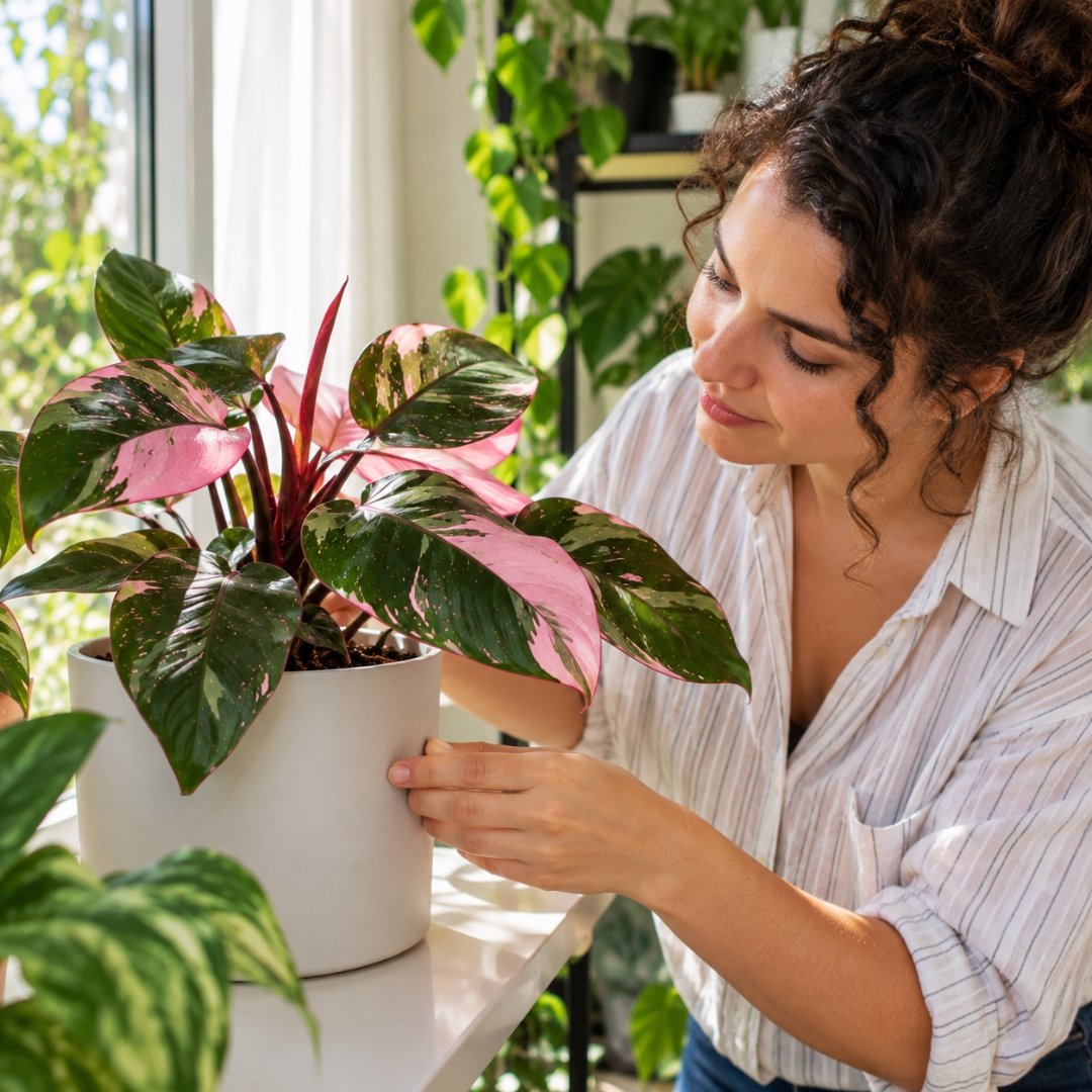 Pessoa posicionando Philodendron Pink Princess próximo a uma janela com luz natural filtrada