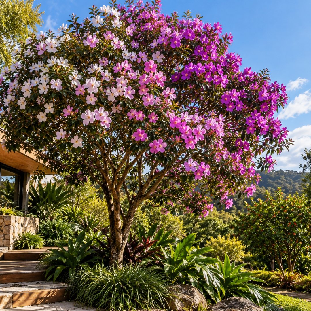 Manacá-da-serra com flores brancas, rosas e roxas em jardim naturalista