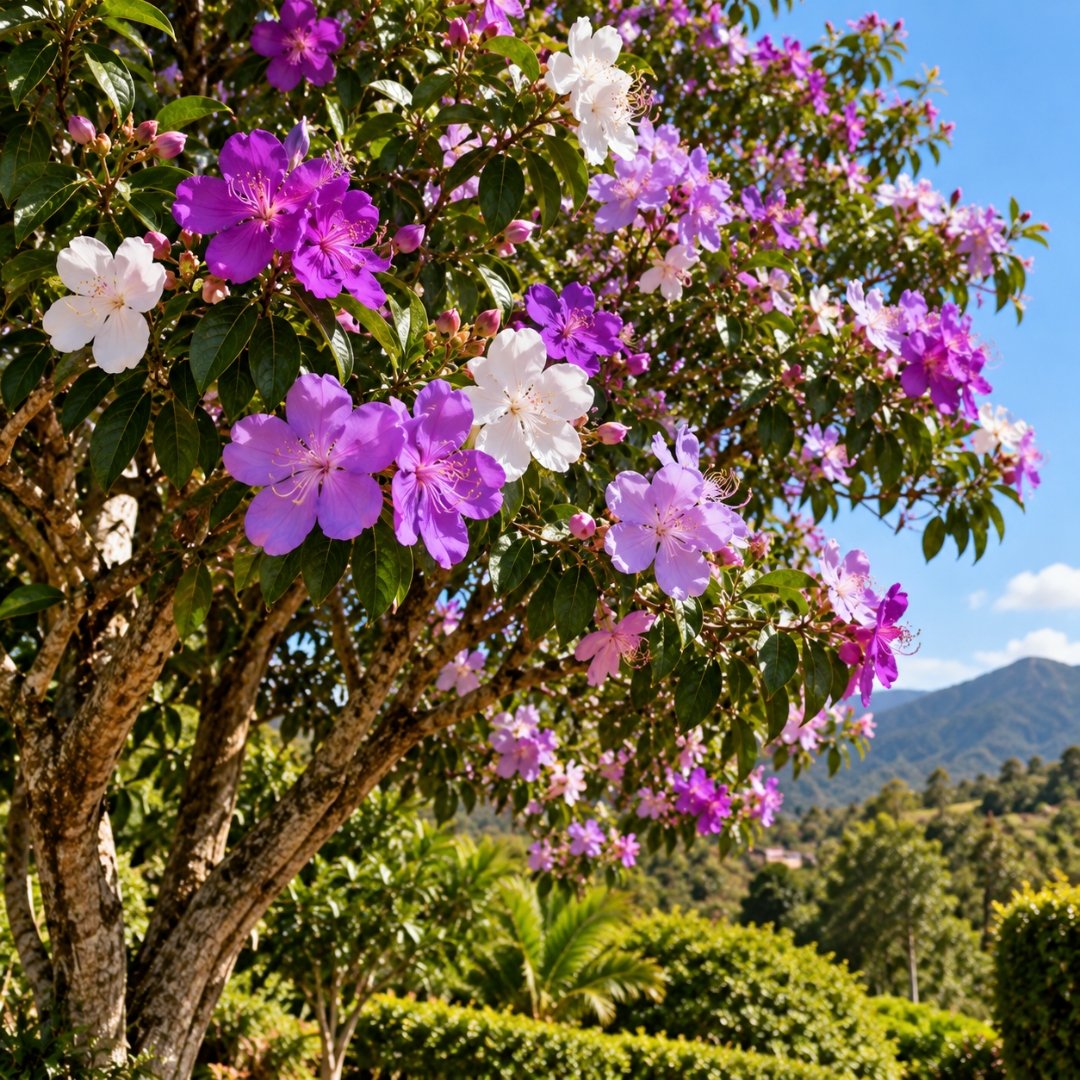 Manacá-da-serra Tibouchina mutabilis com flores roxas, liláses e brancas em árvore