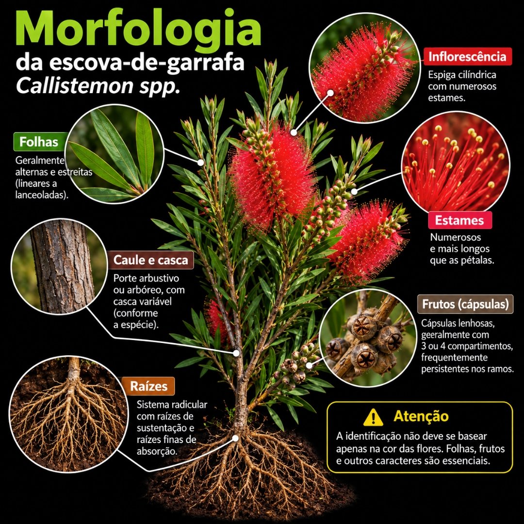 Morfologia da escova-de-garrafa Callistemon spp. com destaque para raízes, folhas, caule, casca, flores, estames e cápsulas