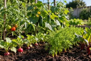 Horta doméstica com tomate, pepino, rabanete, cenoura e beterraba no início da primavera