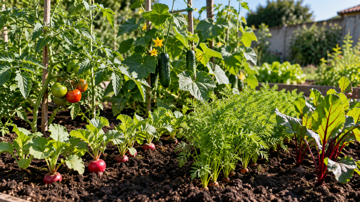 Horta doméstica com tomate, pepino, rabanete, cenoura e beterraba no início da primavera