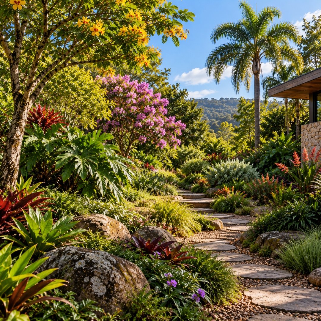 Jardim naturalista com vegetação em diferentes alturas, texturas e formas