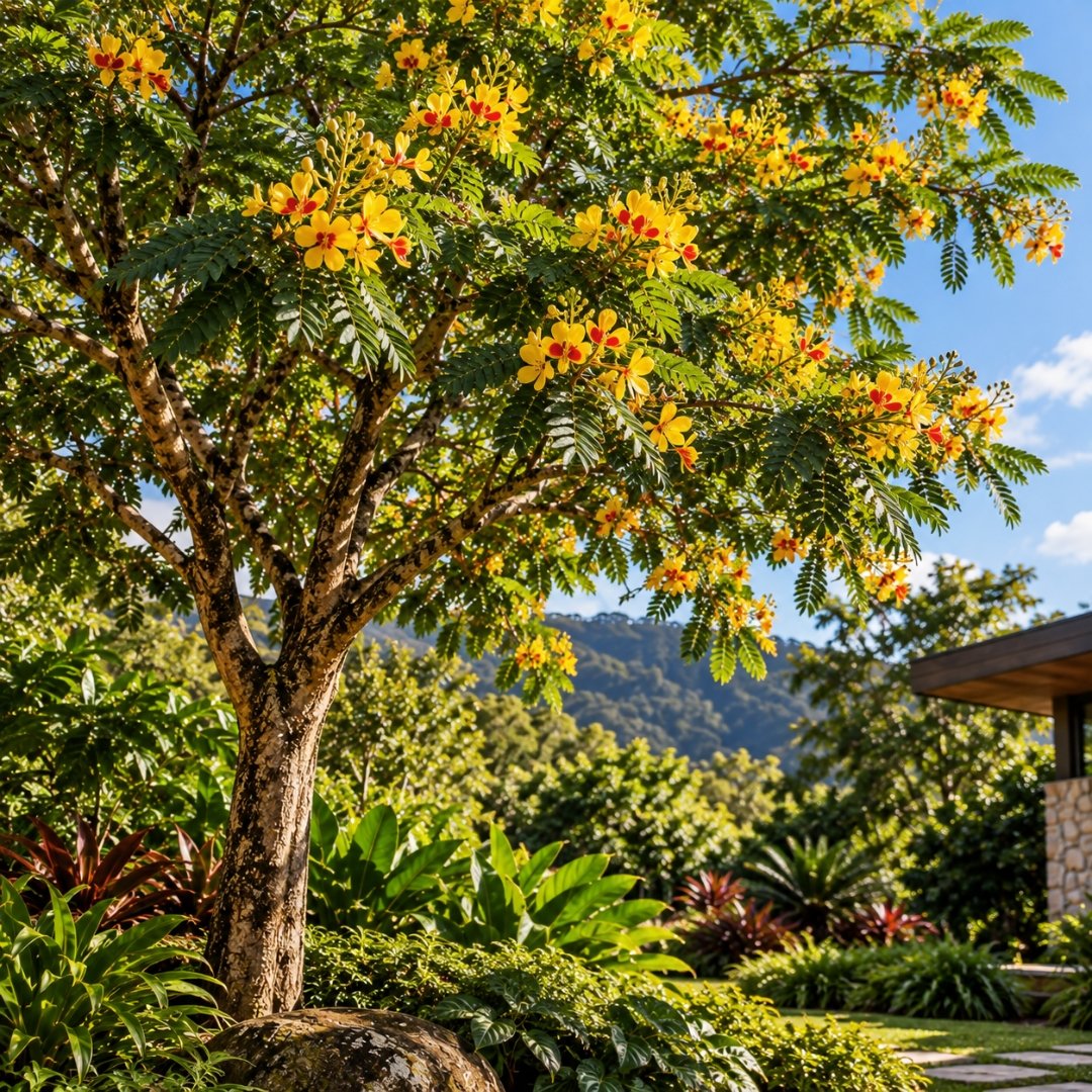Pau-brasil com flores amarelas e folhas compostas em jardim naturalista