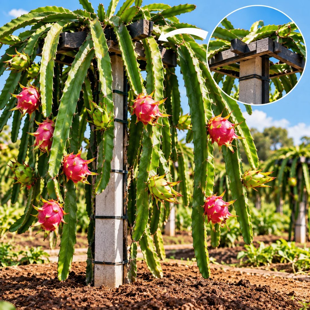 Pé de pitaya adulto conduzido em suporte com cladódios pendentes e frutos
