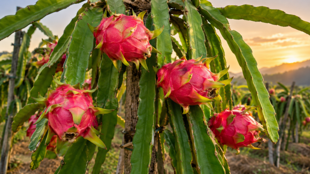 Pé de pitaya com frutos maduros em plantação durante o pôr do sol