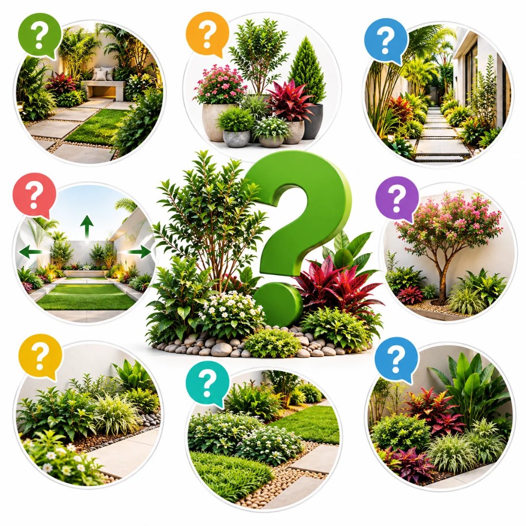 Infográfico ilustrado com ideias para planejar e organizar um jardim pequeno