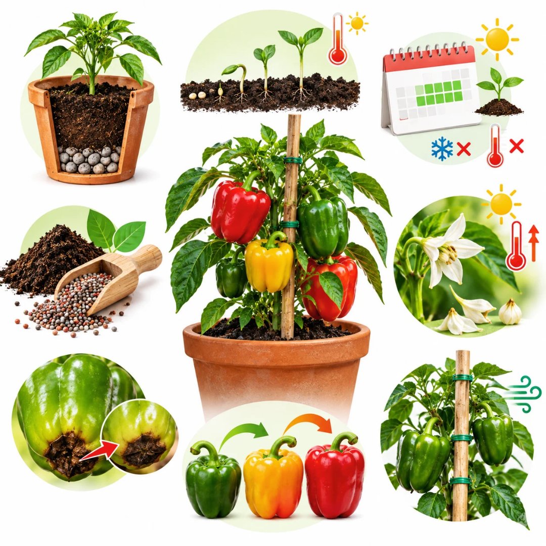 Infográfico ilustrado com pimentão em vaso, germinação, adubação, temperatura, colheita e tutoramento