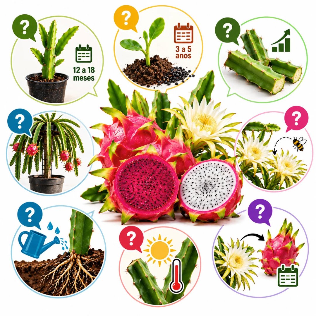 Infográfico ilustrado sobre cultivo, produção, polinização e cuidados com o pé de pitaya