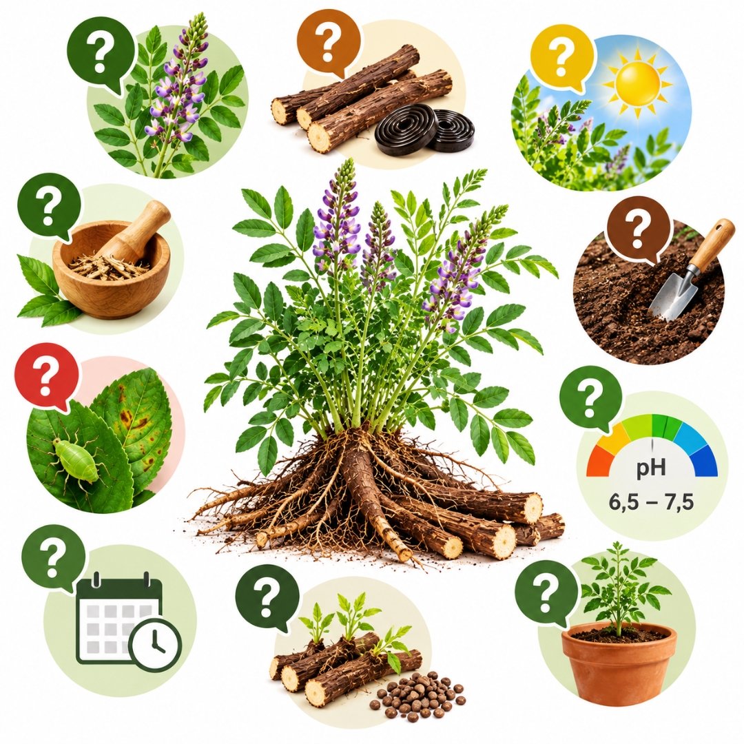Infográfico ilustrado com características e cuidados da planta alcaçuz