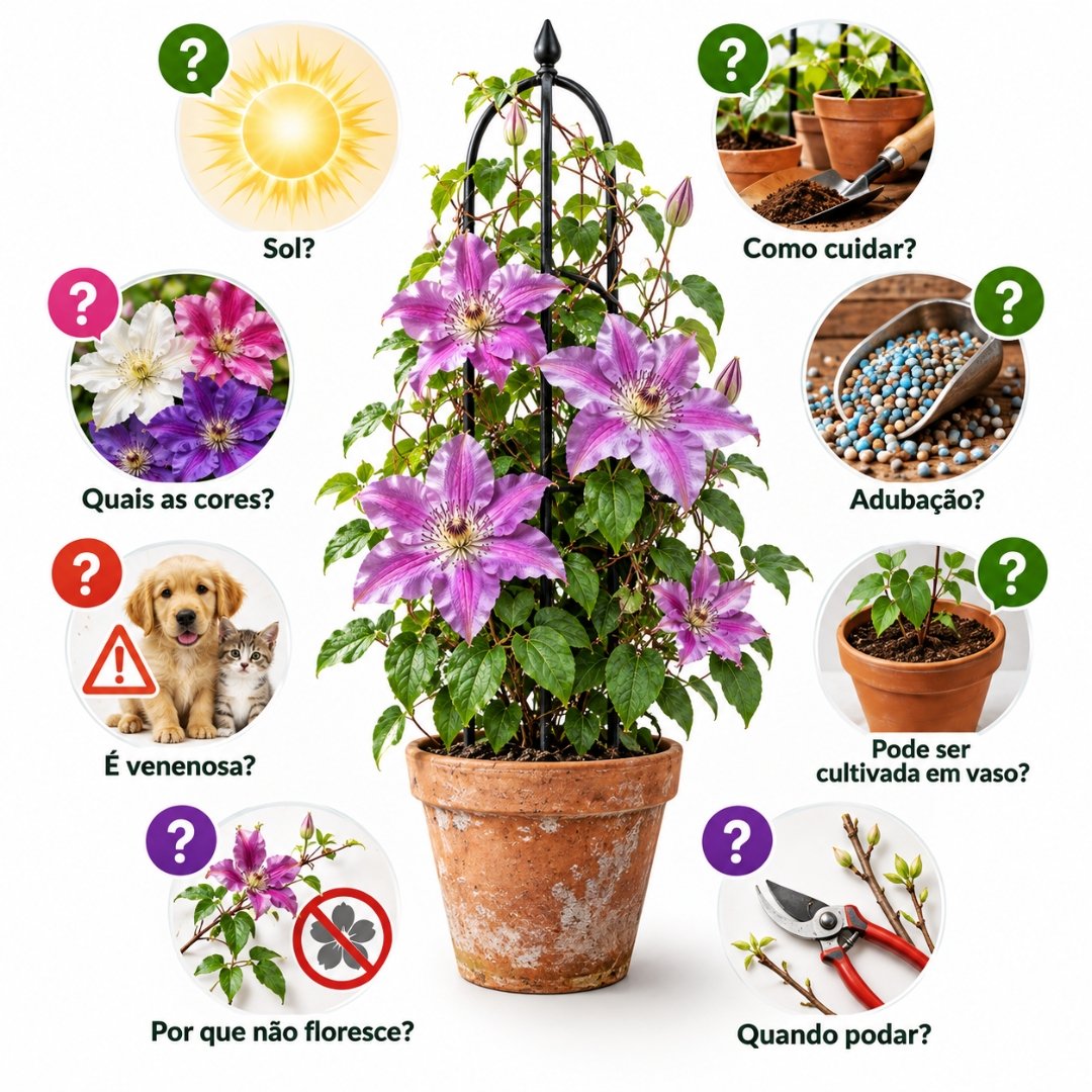 Infográfico ilustrado com Clematis e principais cuidados sobre cultivo, floração, poda, adubação e cultivo em vaso