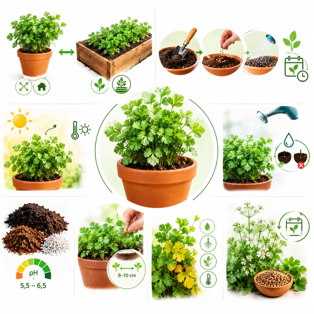 Infográfico ilustrado com vaso, canteiro, sementes, rega, luminosidade e cuidados no cultivo de coentro