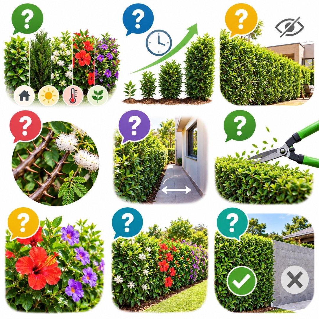 Infográfico ilustrado sobre escolha e características de plantas para cerca viva