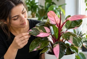Philodendron Pink Princess com folhas verdes e variegação rosa sendo observado em ambiente interno