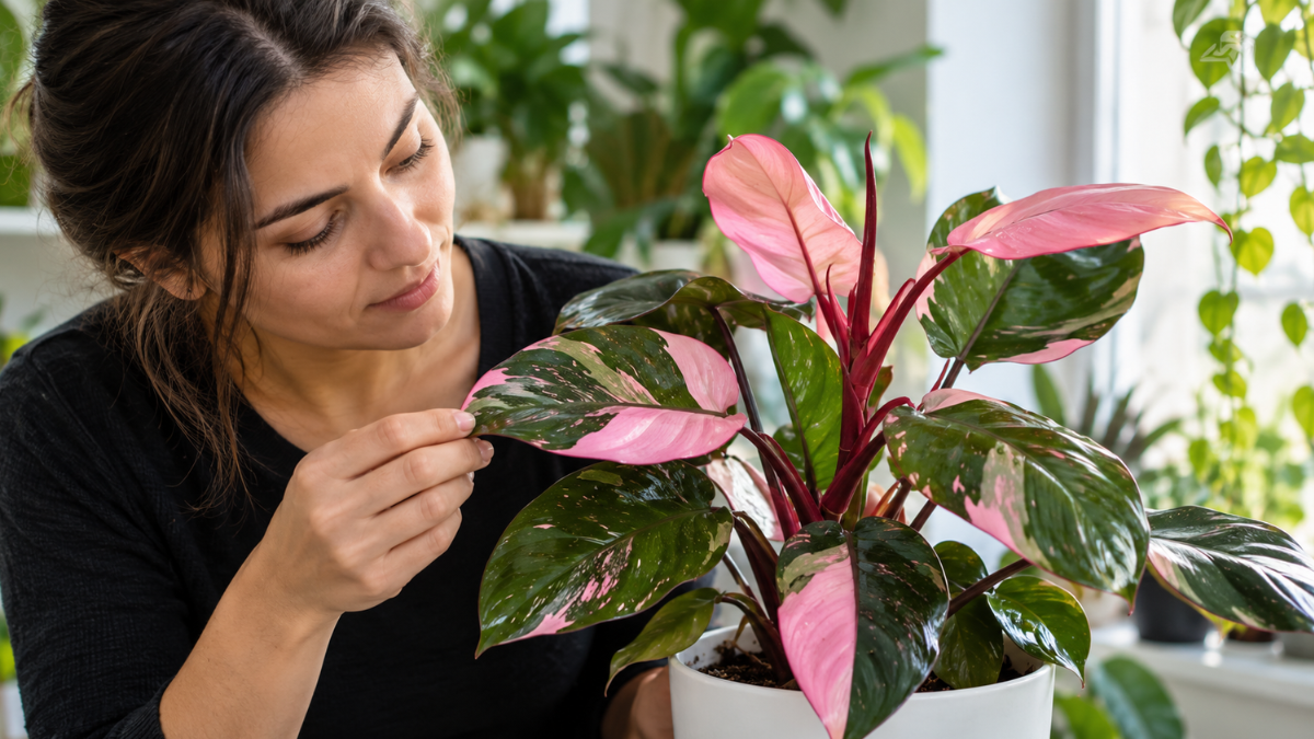 Philodendron Pink Princess com folhas verdes e variegação rosa sendo observado em ambiente interno