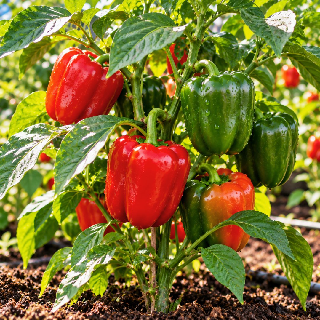 Pé de pimentão com frutos verdes e vermelhos em diferentes estágios de maturação