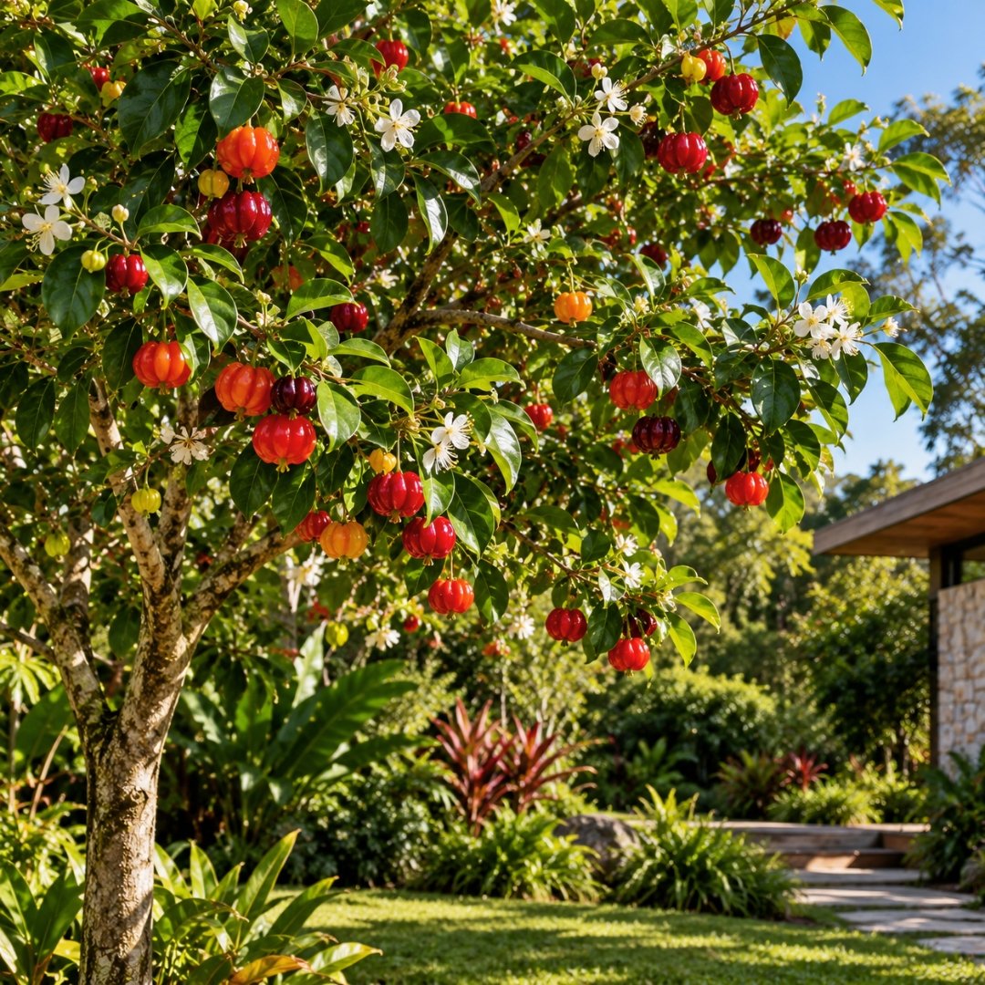 Pitangueira com frutos vermelhos e flores brancas em jardim naturalista