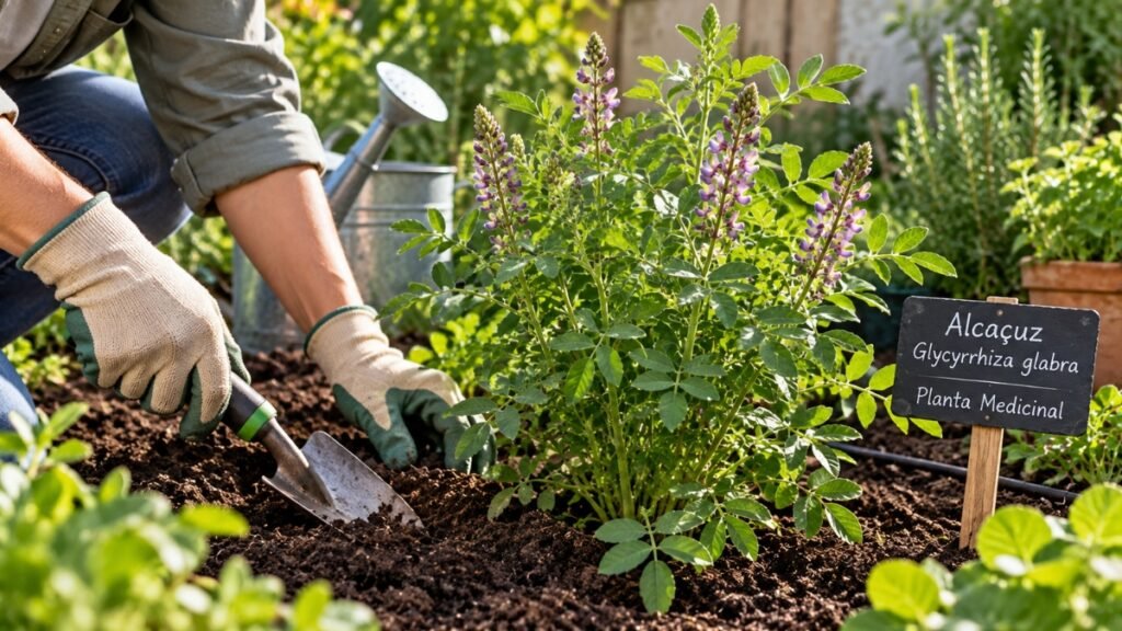 Cultivo de planta alcaçuz com manejo do solo em jardim doméstico
