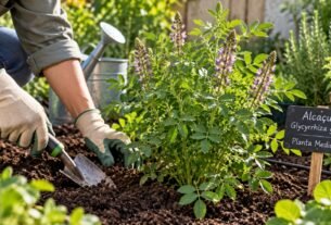 Cultivo de planta alcaçuz com manejo do solo em jardim doméstico