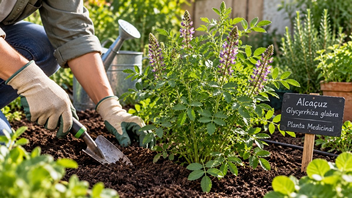 Cultivo de planta alcaçuz com manejo do solo em jardim doméstico