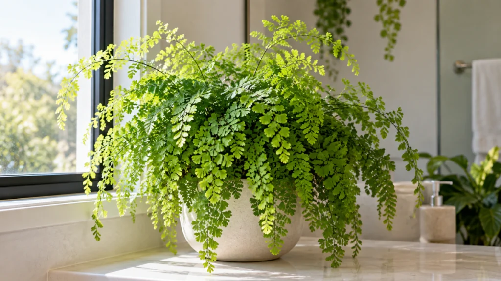 Planta avenca saudável em vaso dentro de casa, próxima a uma janela com luz indireta