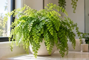 Planta avenca saudável em vaso dentro de casa, próxima a uma janela com luz indireta