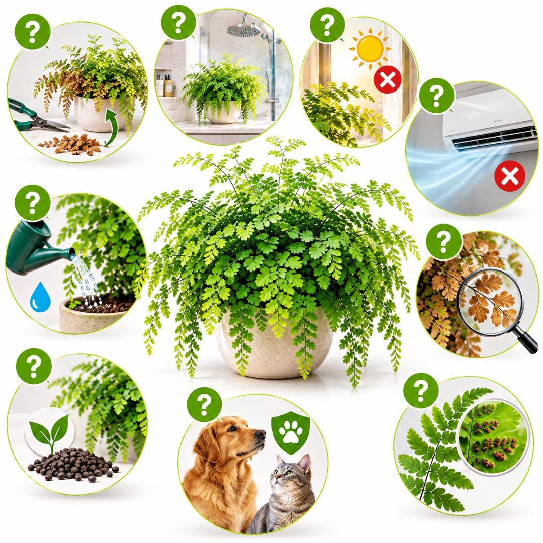 Infográfico ilustrado com cuidados e dúvidas comuns sobre a planta avenca