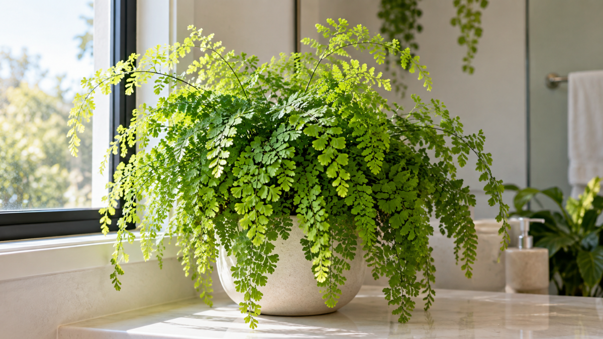 Planta avenca saudável em vaso dentro de casa, próxima a uma janela com luz indireta