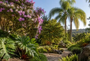 Jardim brasileiro com plantas nativas em composição de paisagismo naturalista