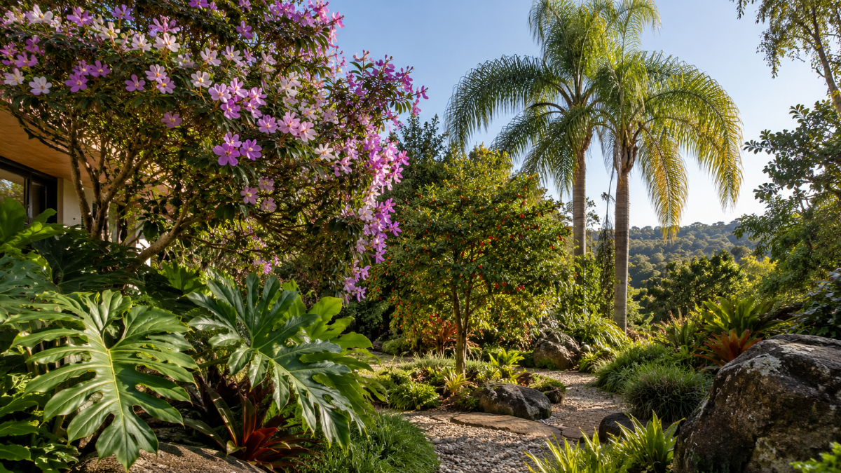 Jardim brasileiro com plantas nativas em composição de paisagismo naturalista