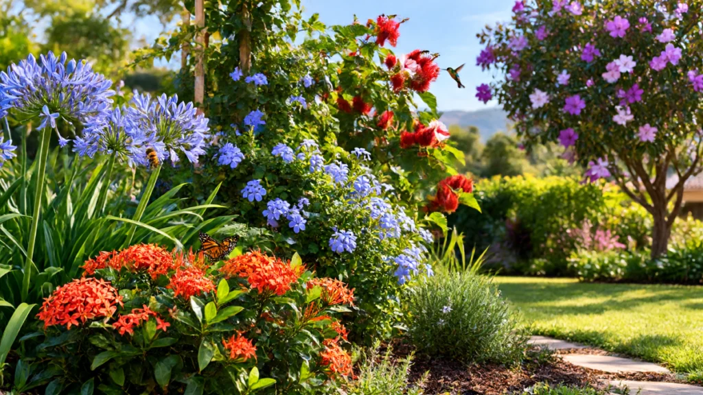 Jardim florido com agapantos, ixoras e outras plantas que atraem abelhas, borboletas e beija-flores