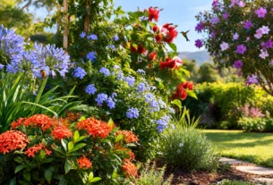 Jardim florido com agapantos, ixoras e outras plantas que atraem abelhas, borboletas e beija-flores