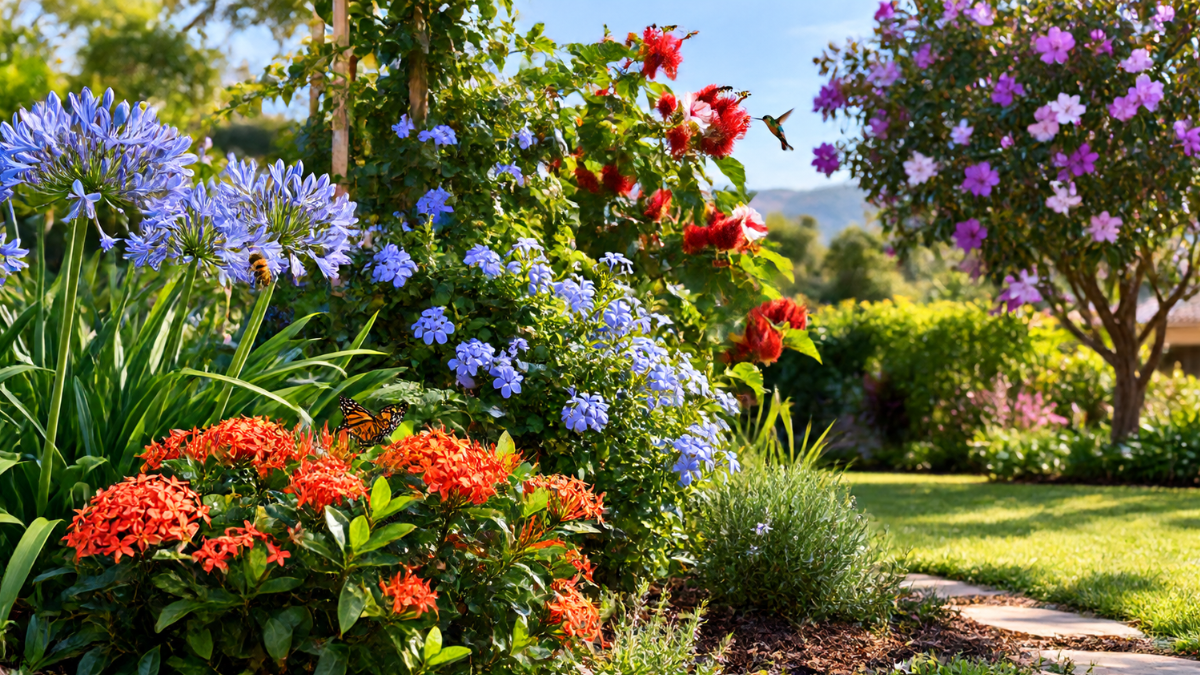 Jardim florido com agapantos, ixoras e outras plantas que atraem abelhas, borboletas e beija-flores