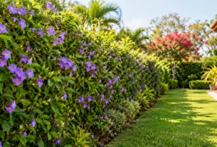 Cerca viva com folhagem densa e flores roxas em jardim residencial