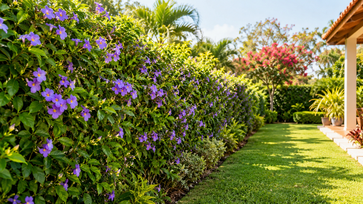 Cerca viva com folhagem densa e flores roxas em jardim residencial