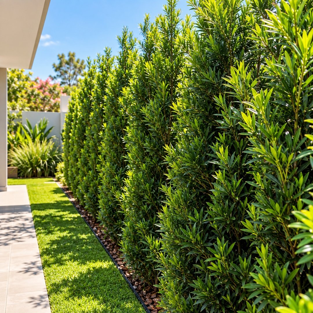 Podocarpos formando uma cerca viva vertical e densa em jardim residencial
