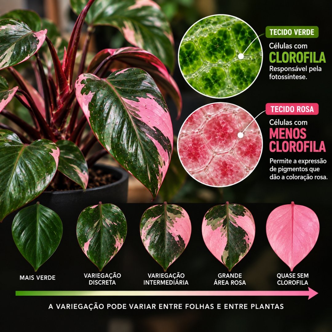 Philodendron Pink Princess mostrando folhas com diferentes níveis de variegação rosa e verde