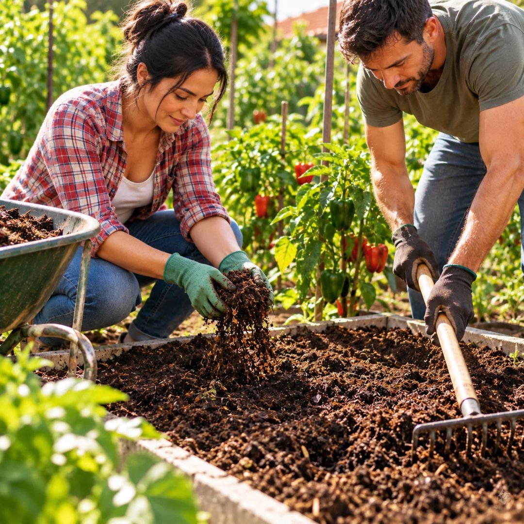 Casal preparando o solo de um canteiro para plantar pimentão, incorporando matéria orgânica à terra