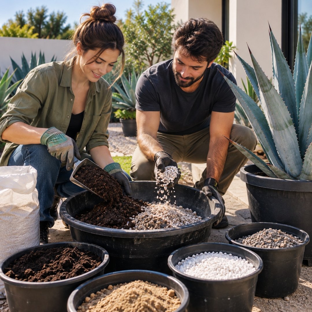 Casal preparando substrato bem drenante para cultivo de Agave-Azul em vaso