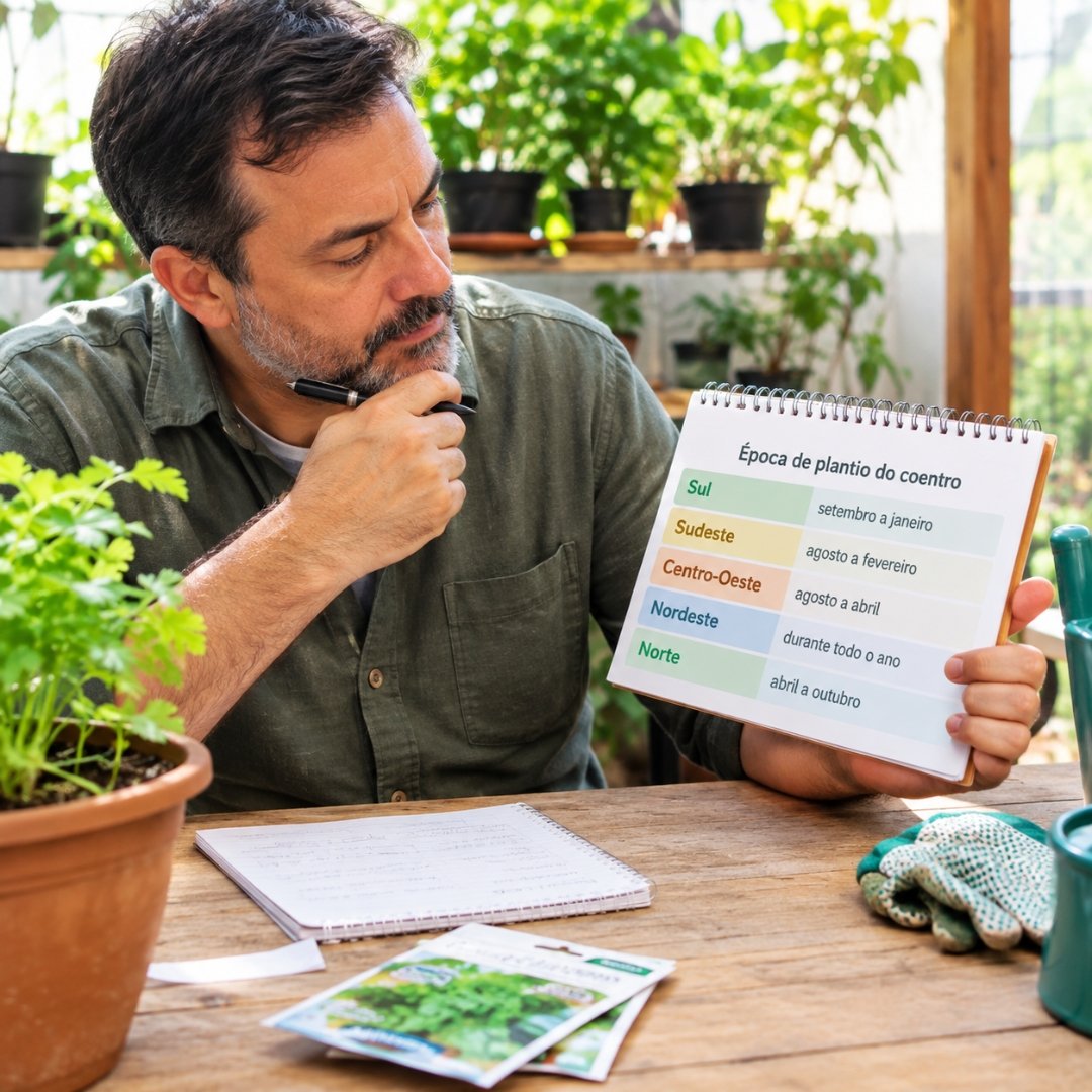 Homem de meia-idade consultando calendário para planejar o plantio de coentro