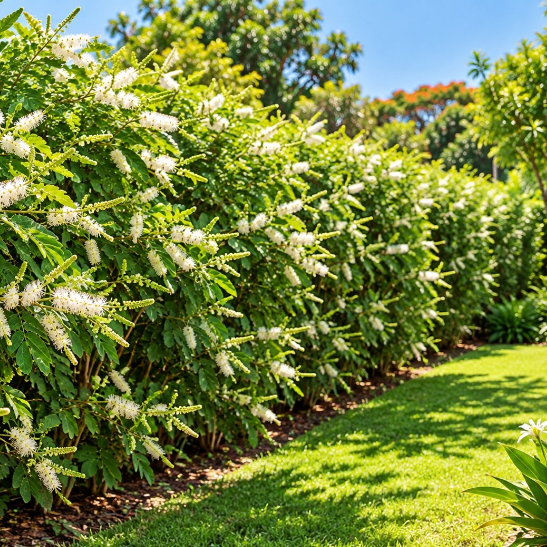 Sansão-do-campo com flores brancas formando cerca viva em jardim