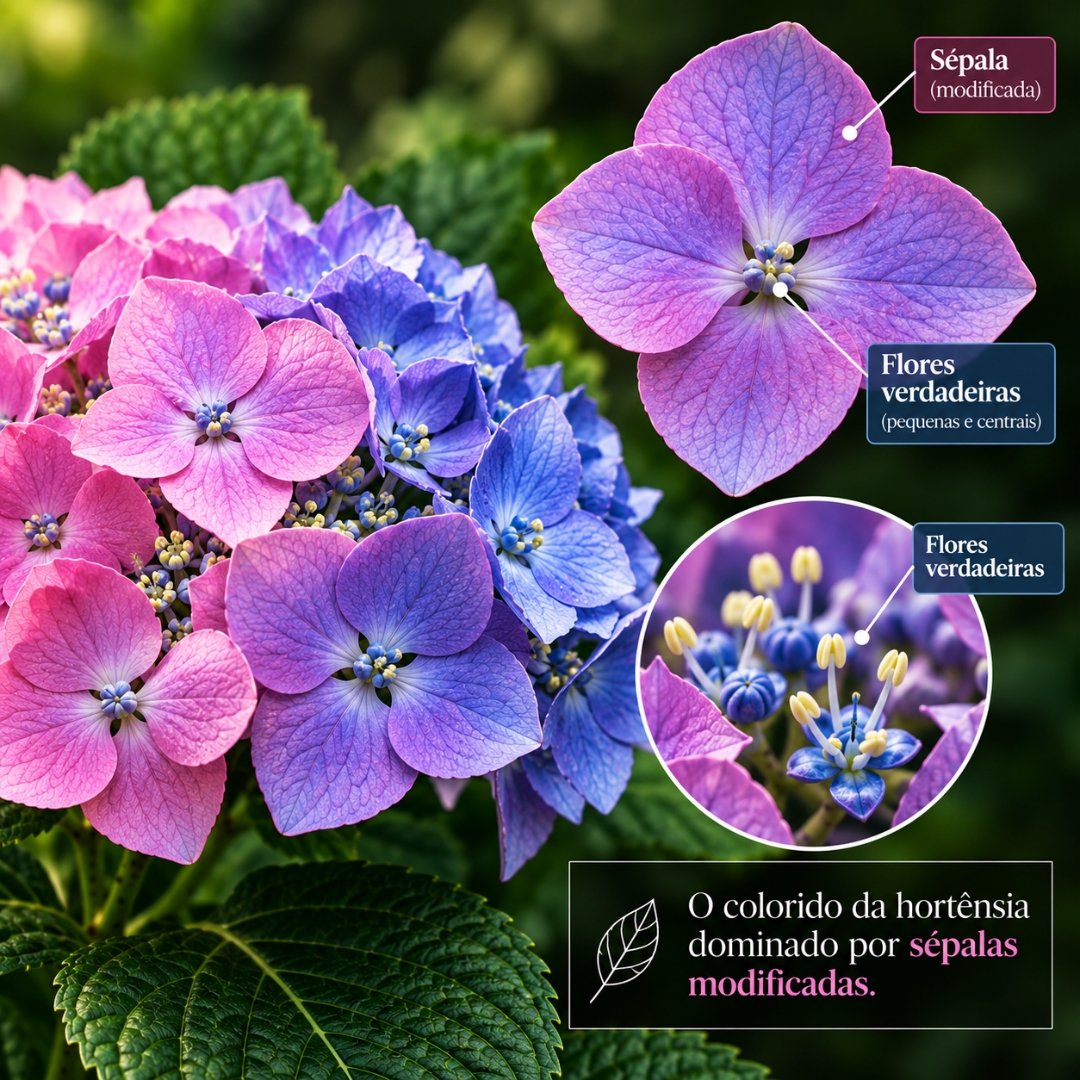 Hortênsia com sépalas modificadas coloridas e destaque das pequenas flores verdadeiras no centro