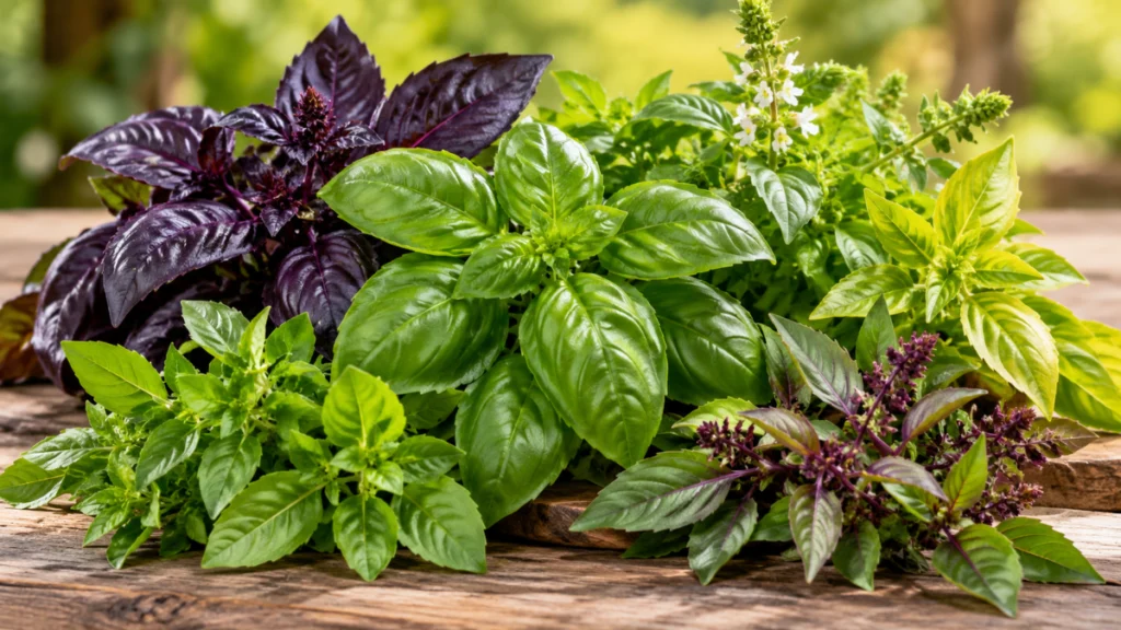 Diferentes tipos de manjericão com folhas verdes, roxas e amareladas
