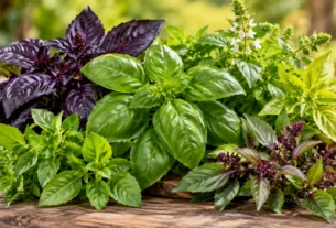 Diferentes tipos de manjericão com folhas verdes, roxas e amareladas