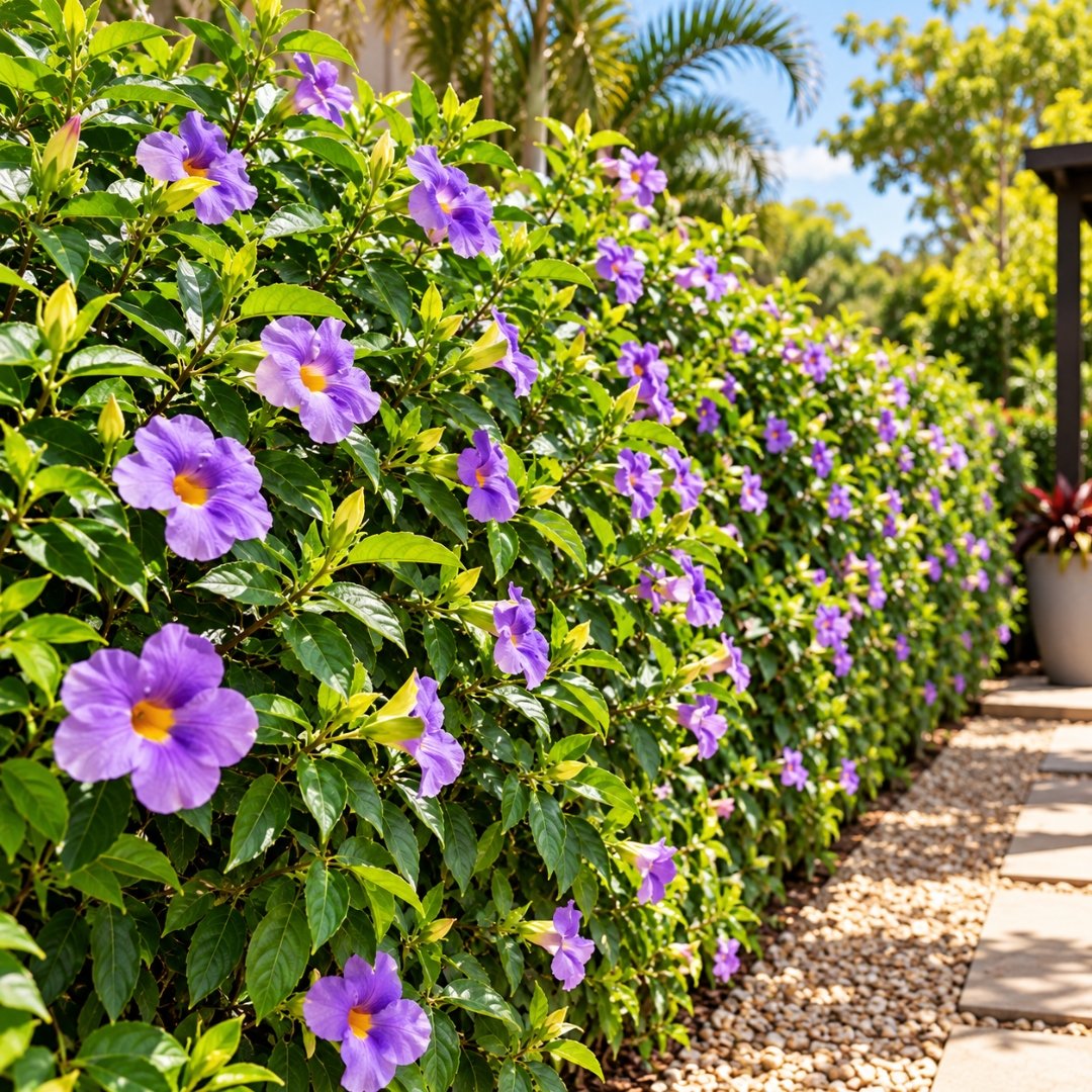 Tumbérgia-arbustiva com flores roxas formando cerca viva em jardim
