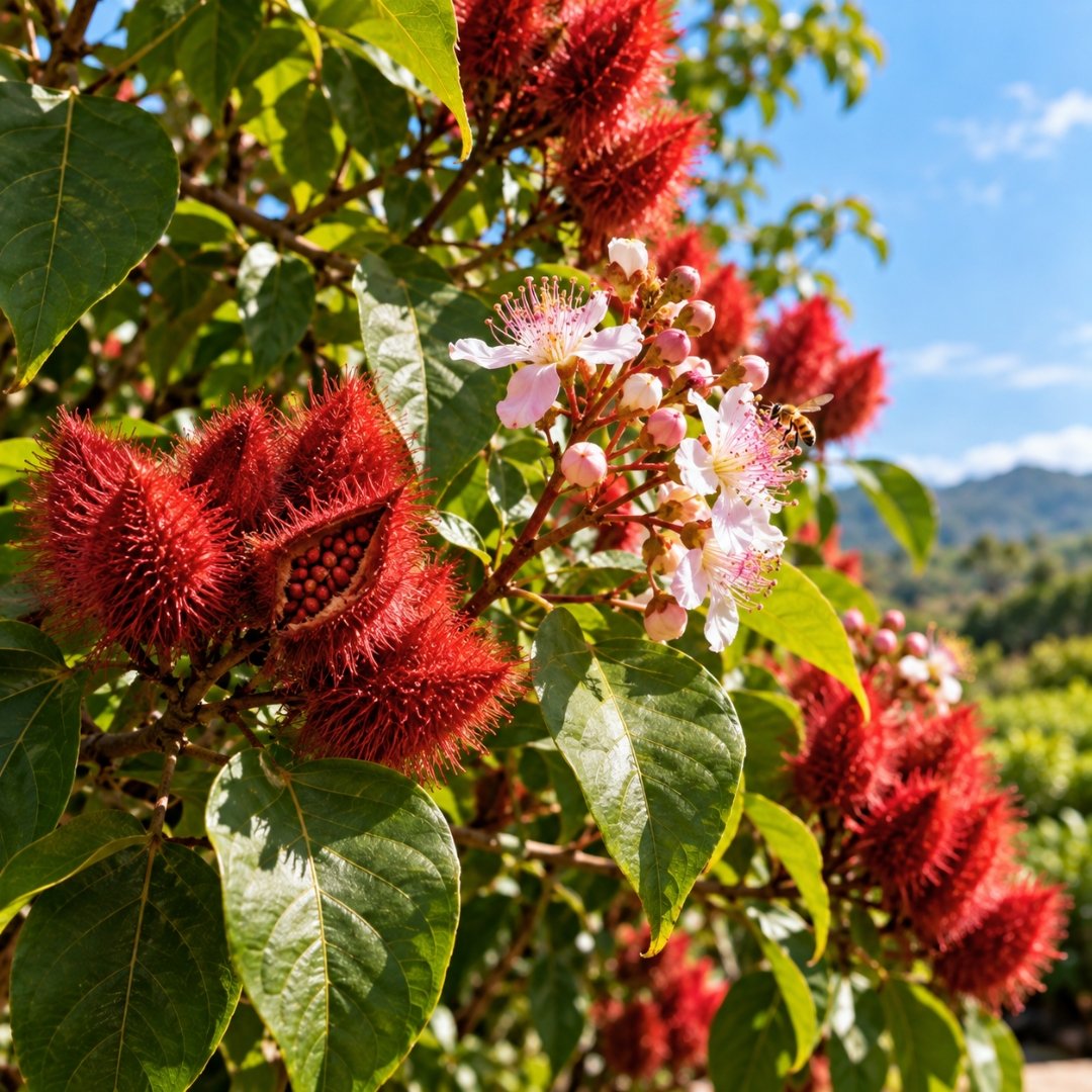 Urucum Bixa orellana com flores rosadas e frutos vermelhos em jardim