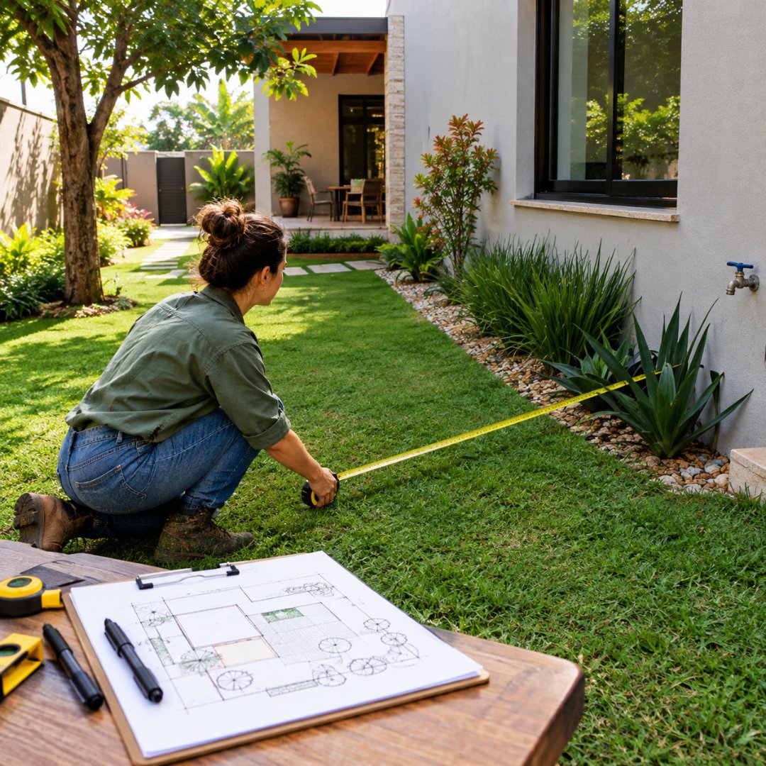 Pessoa medindo o terreno de um jardim residencial com trena e analisando uma planta de planejamento antes da implantação paisagística. (paisagismo residencial)