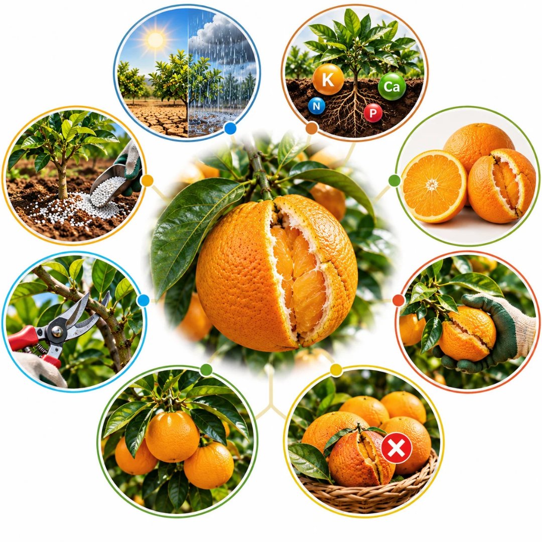 Ilustração de laranja rachada e fatores associados ao problema, incluindo variações de chuva, nutrição da planta e retirada de frutos danificados. (laranja rachada)